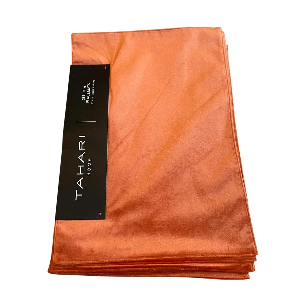 TAHARI Fall Velvet Velour Placemats 6pc 13x19 Orange Rust Autumn Decor New